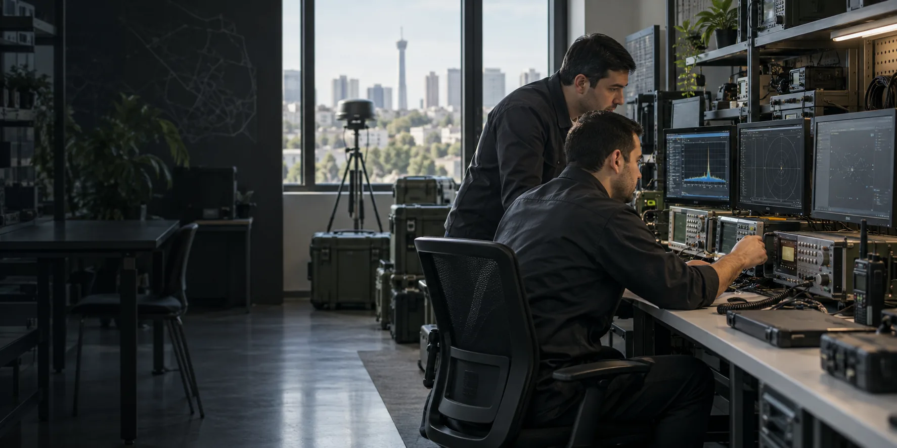 Engineers integrating professional communications equipment